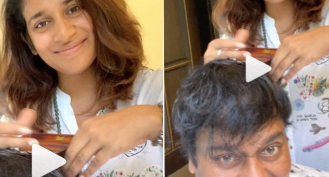 Sushmita giving Chiranjeevi a haircut
